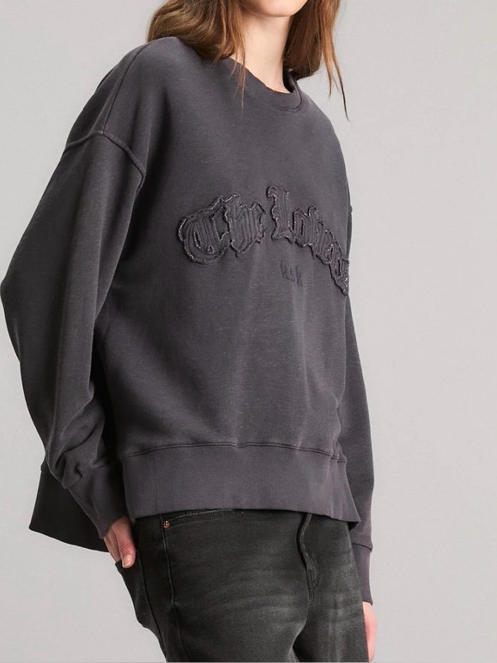 KOSIUKO ‘The Lovers’ Appliqué Cozy Crewneck Sweatshirt in Charcoal Gray Size L